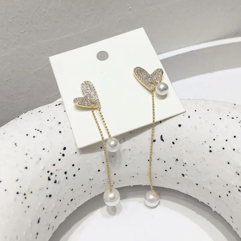 Flexible Heart Top Crystal Earrings, Hollow Heart Drop Earrings, Adjustable Pearl Tassel Ear Jewellery, Luxury Long Simulation Pearl Earrings For Women Flexible Heart Top Crystal Earrings, Hollow Heart Drop Earrings, Adjustable Pearl Tassel Ear Jewellery, Luxury Long Simulation Pearl Earrings For Women
